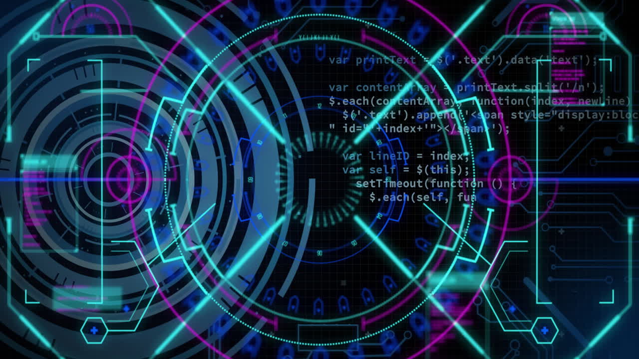 Animation of digital data processing over scope scanning on black background