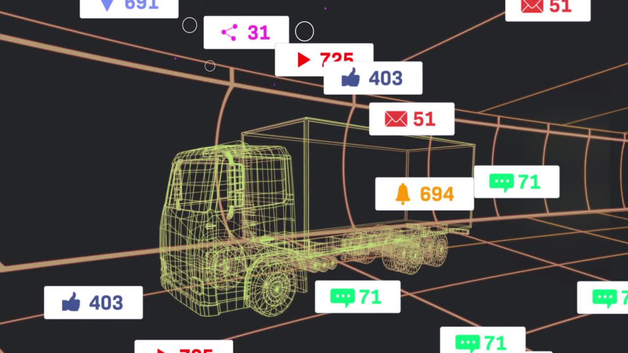 After neon green 3D truck appearing tunnel center, icons popping, swirling visualizing metrics flow