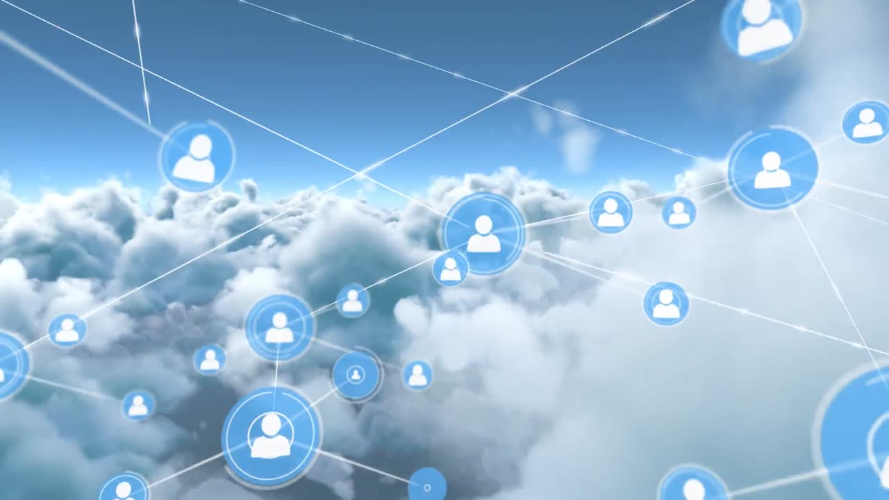 Animation af et netværk af forbindelser med personikoner over himmel med skyer