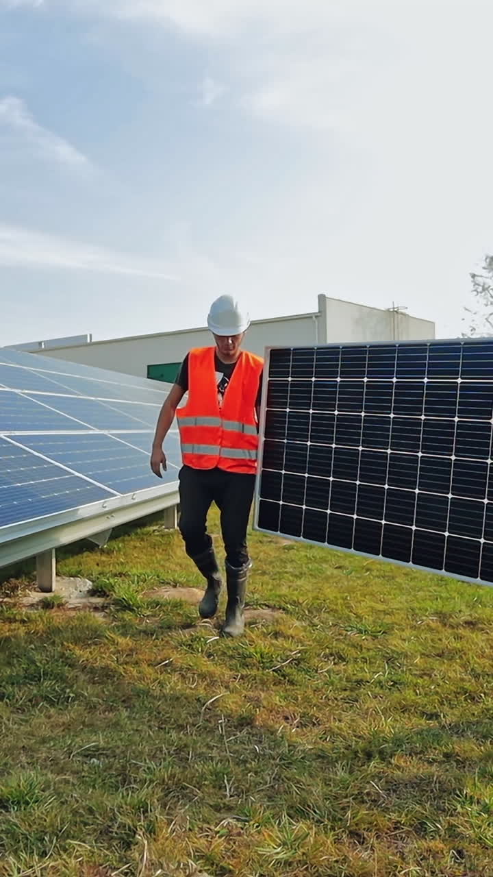 Man working at solar power station. Technician install new generation photovoltaic solar panels