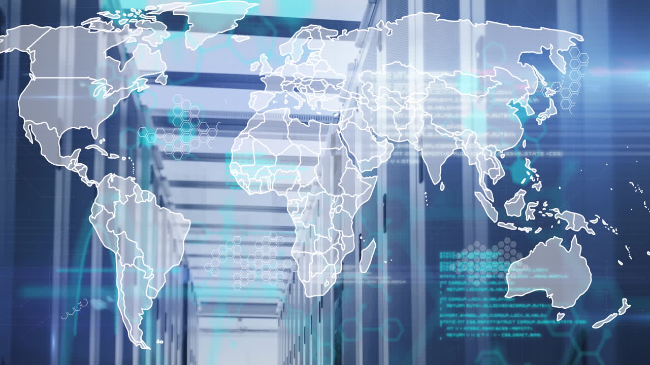 Animation of world map and data processing against computer server room