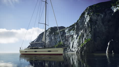 yacht in the sea with greeny rocky island