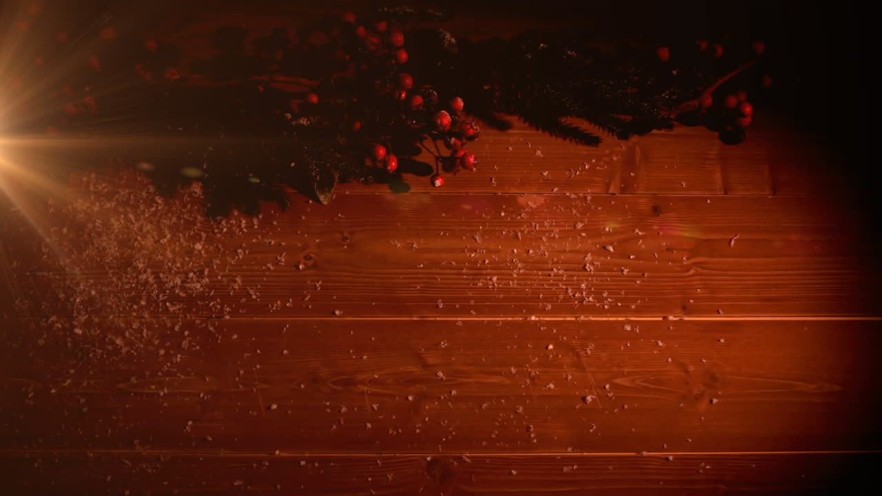 animación de decoración navideña y nieve sobre fondo rojo