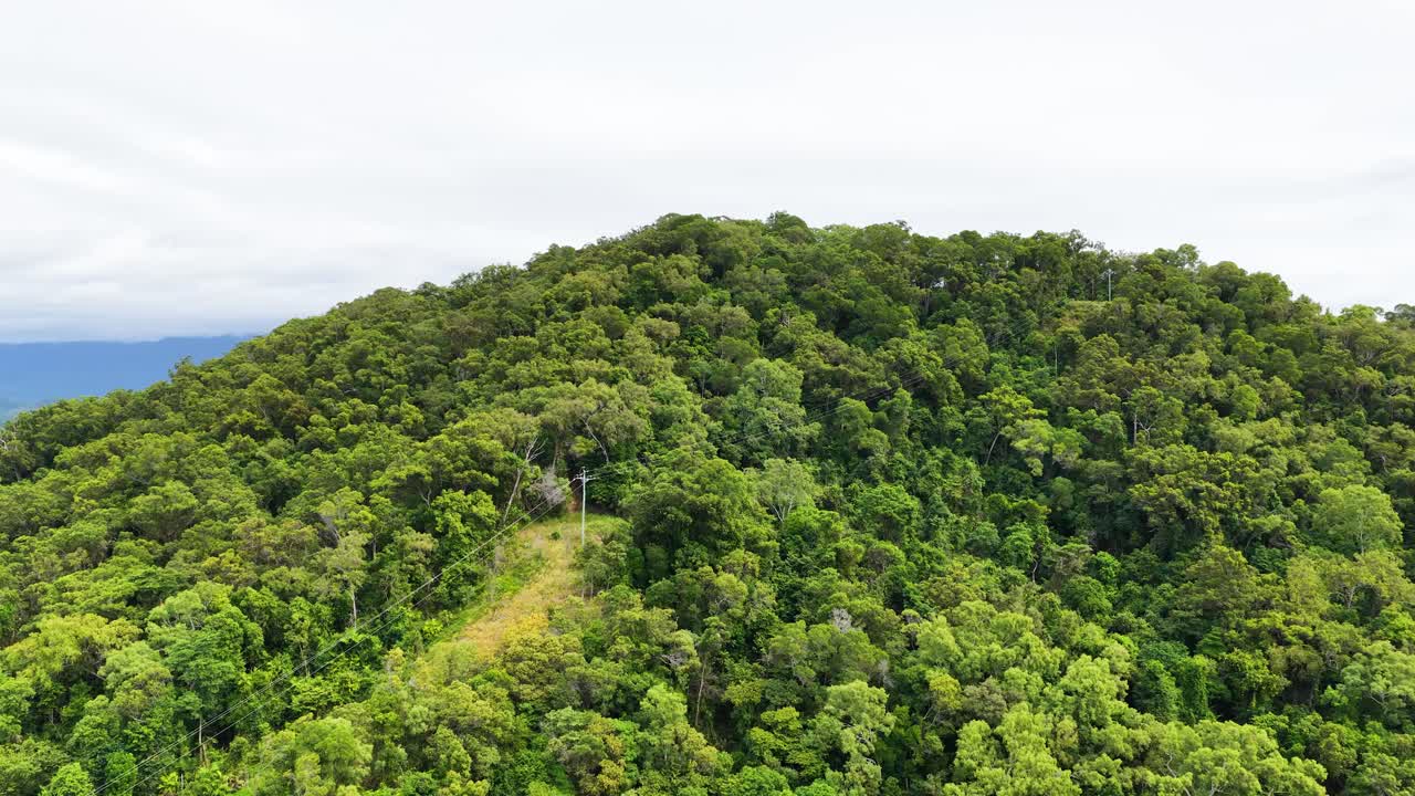 Drone glides toward green rainforest hilltop under overcast sky, revealing dense tropical vegetation