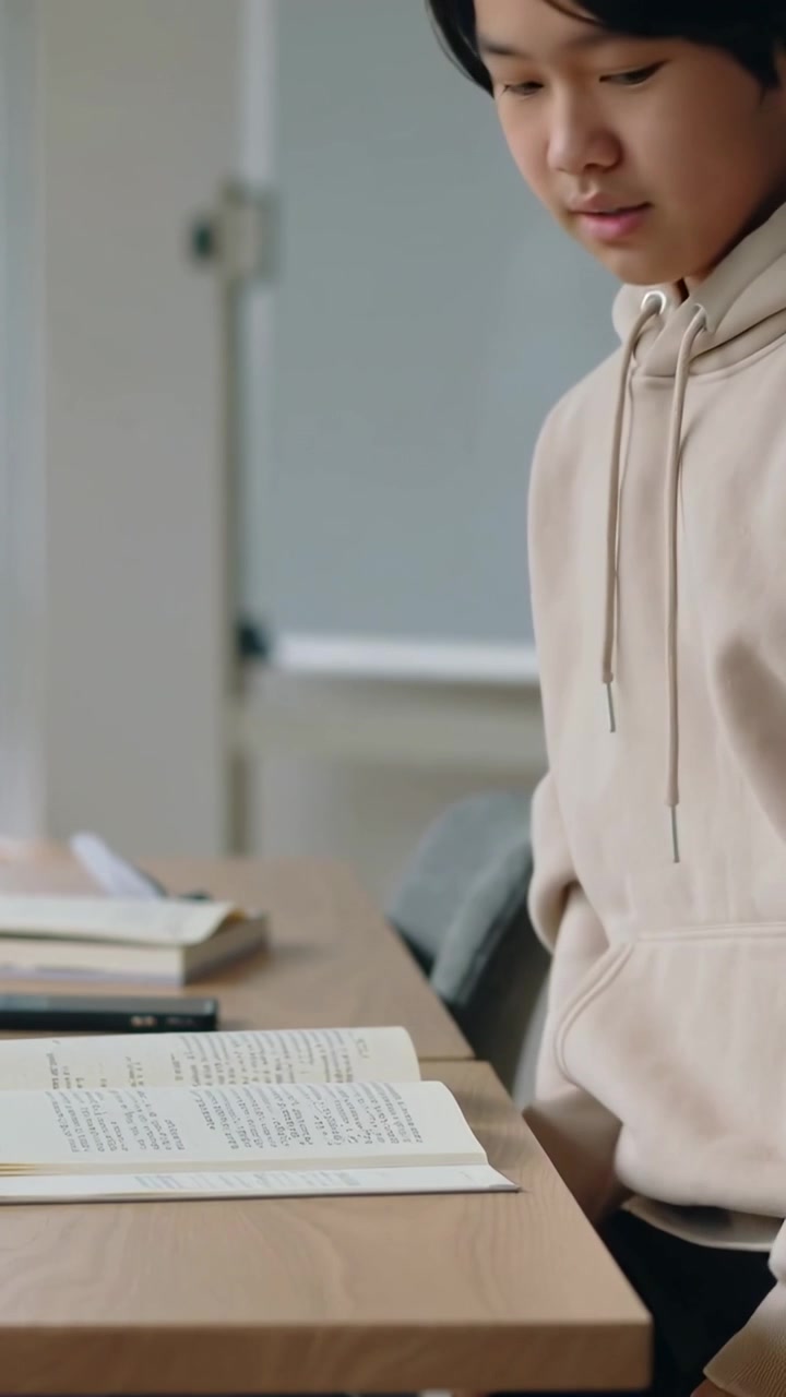 Vertical video: Glancing from book, hoodie teen standing and leaving classroom table, copy space