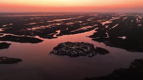 panoramic drone shot circling the mexcaltitan magic town, dusk in nayarit, mexico