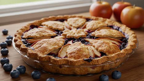 homemade blueberry and apple pie with decorative crust