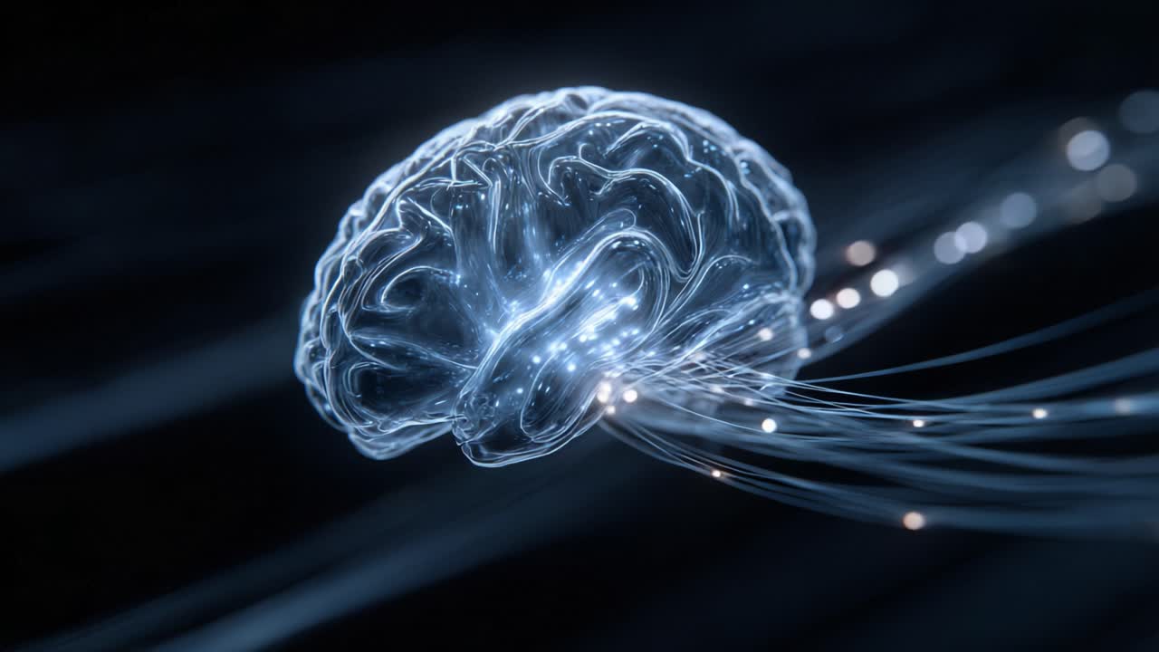 Conceptual animation of a brain made of glass transmitting neural signals through a network of glowing fiber optics, representing AI, machine learning, and futuristic communication technology
