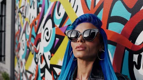 mujer elegante con cabello azul y gafas de sol