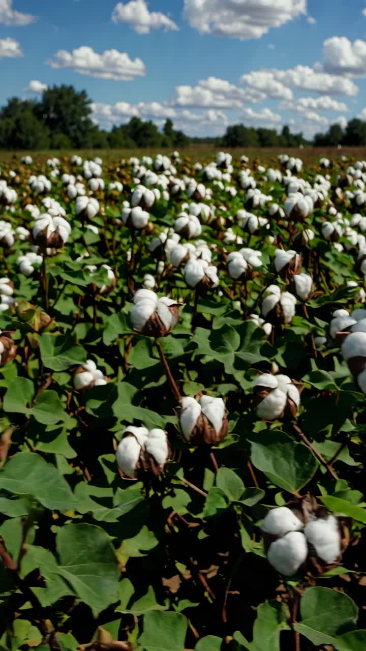 Low-angle video shot of a lush cotton field under a bright blue sky with fluffy clouds