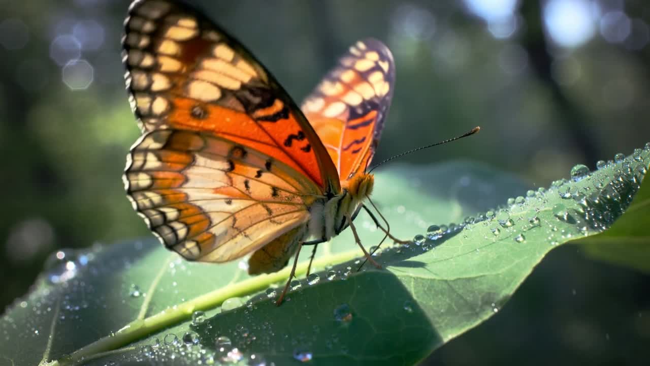 Farfalla posata su una foglia rugiadosa, con i raggi del sole che scaldano le ali e la proboscide pronta a toccare. Macro naturalistica.