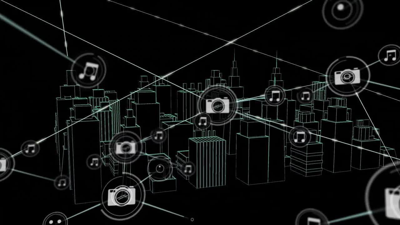 Animazione di una rete di connessioni con icone su un disegno di città 3D su sfondo nero.