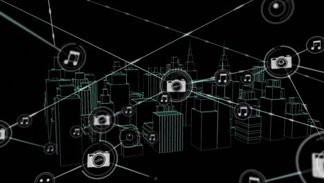 Animation-of-network-of-connections-with-icons-over-3d-city-drawing-on-black-background