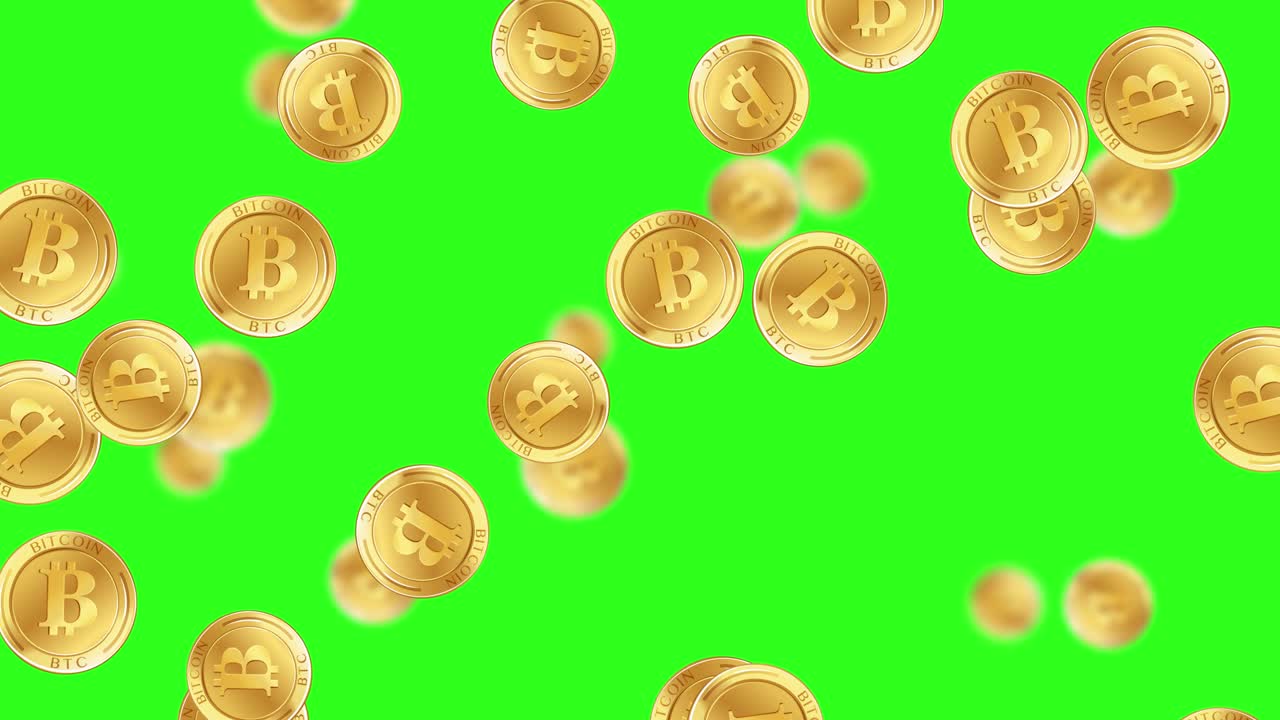 Animation of Bitcoin coins cascading against a vibrant green backdrop, creating a dynamic and lively visual effect