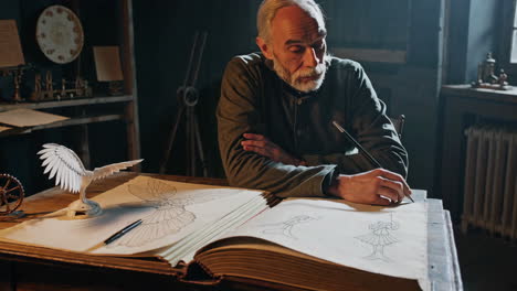 old craftsman designing mechanical bird