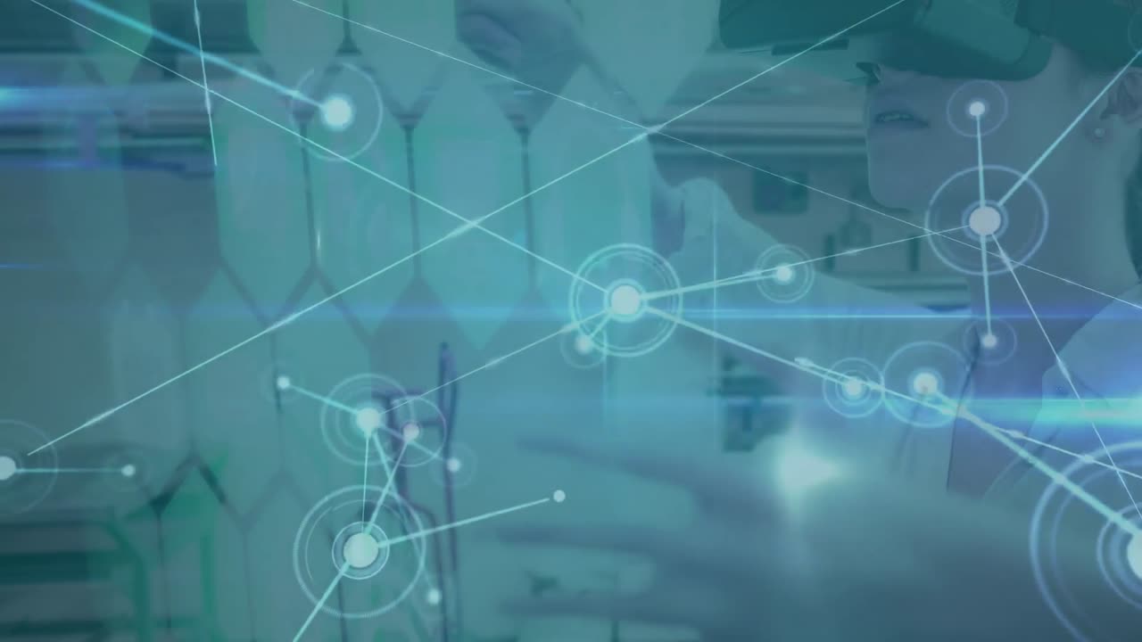 vr 헤드 ⁇ 을 착용한 여성에 대한 연결 네트워크의 애니메이션