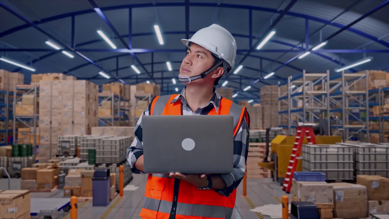 Ingegnere asiatico con elmetto di sicurezza che lavora al portatile e si guarda intorno mentre è in piedi in un ampio magazzino con scaffalature.