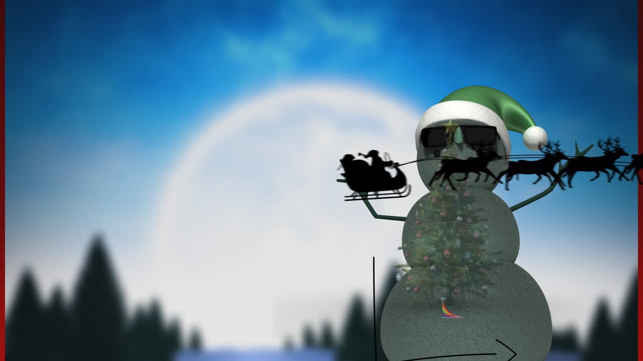 스노우맨 아이콘 위에 녹색 산타 모자 애니메이션 산타클로스 위에 사 ⁇ 이 끌고 있는  ⁇ 매