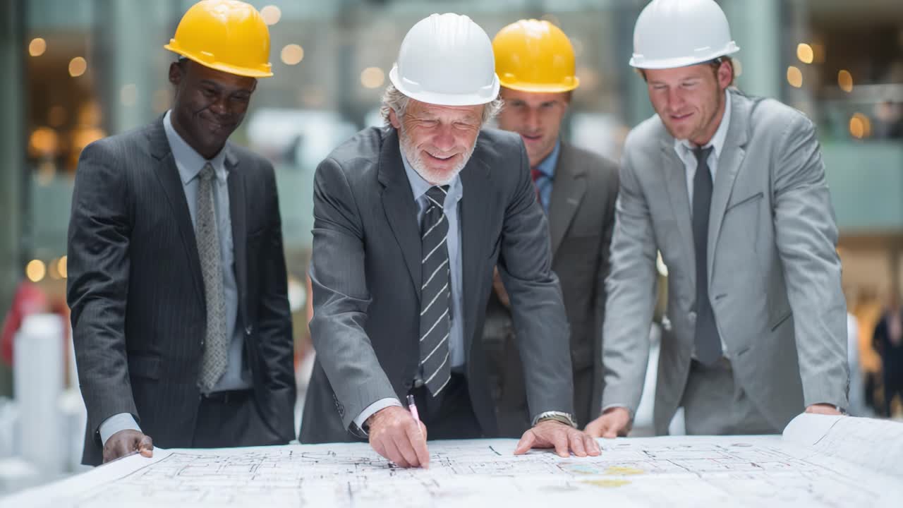 A Group of Professional Engineers Collaborating Over Blueprint Plans in a Modern Office Space, Discussing Construction and Design Strategies with Focused Engagement