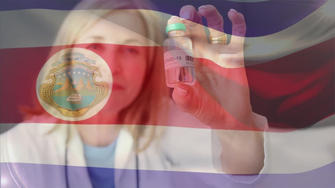 Animation of flag of italy waving over woman wearing face mask during covid pandemic