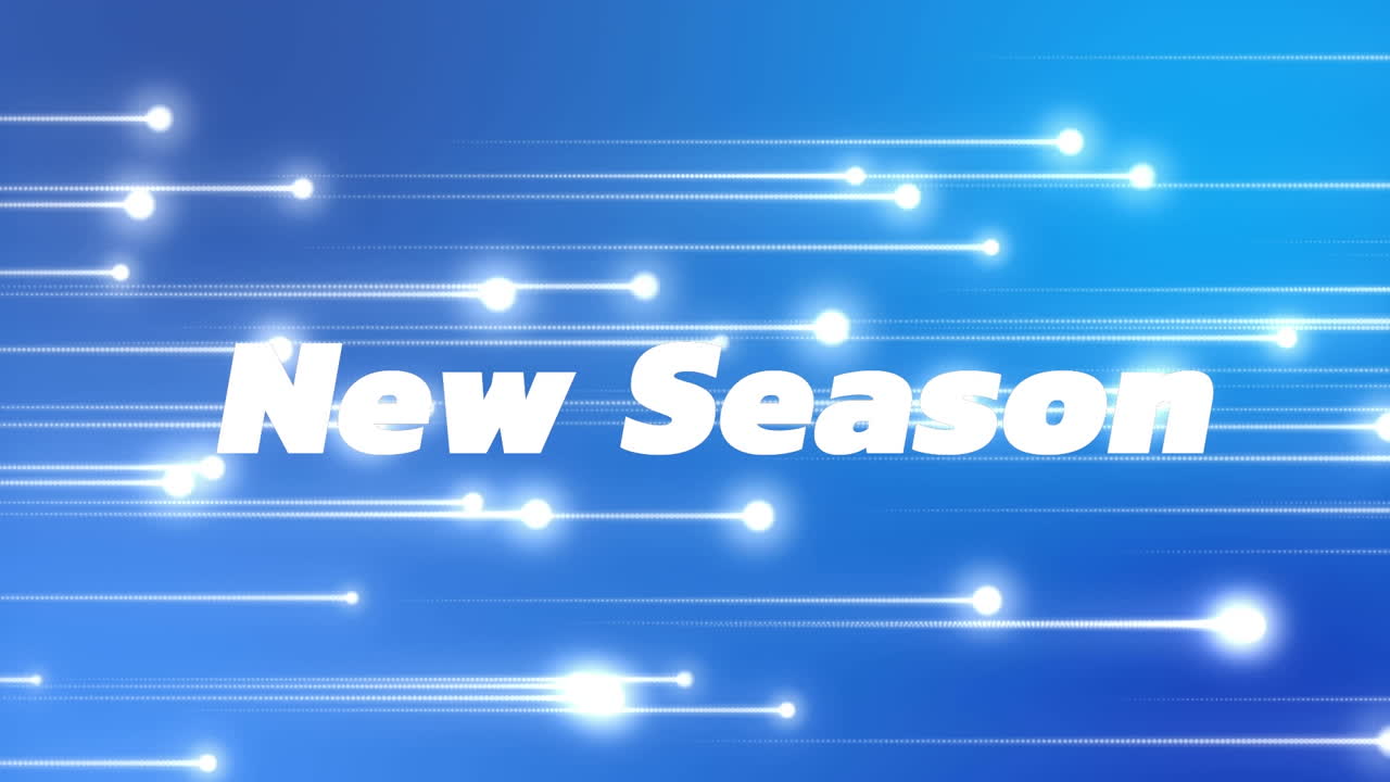 파란색에 반이는 색 혜성 위에 다채로운 왜곡으로 색 텍스트로 새로운 시즌의 애니메이션
