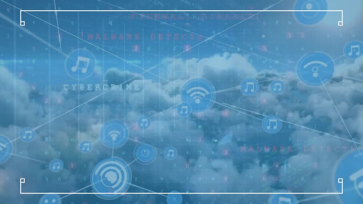 Animation of network of connections with icons over clouds