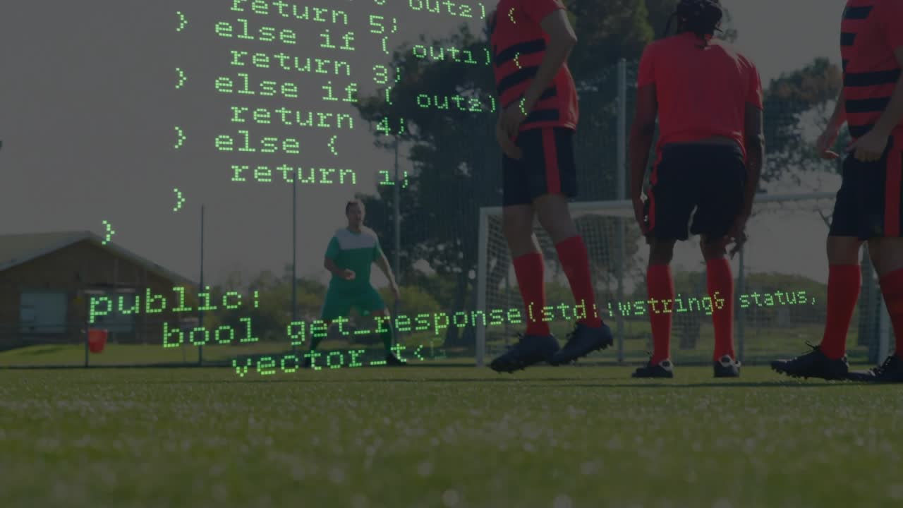 green-jersey player placing ball and starting free kick while wall jumping with scrolling tech code