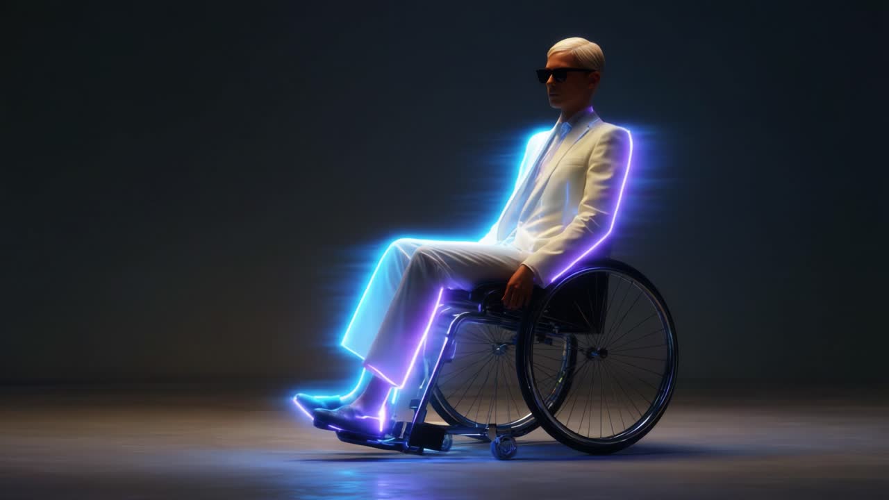 A futuristic figure dressed in a white suit and sunglasses, seated elegantly in a wheelchair, embodying a blend of style and technology in a visually striking, dynamic setting