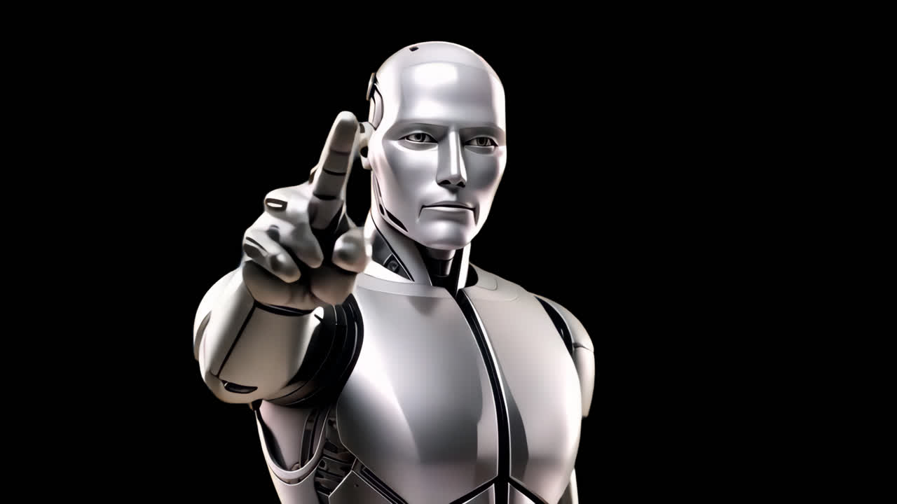 Futuristic humanoid robot pointing animation isolated asset, transparent 4K video, alpha channel
