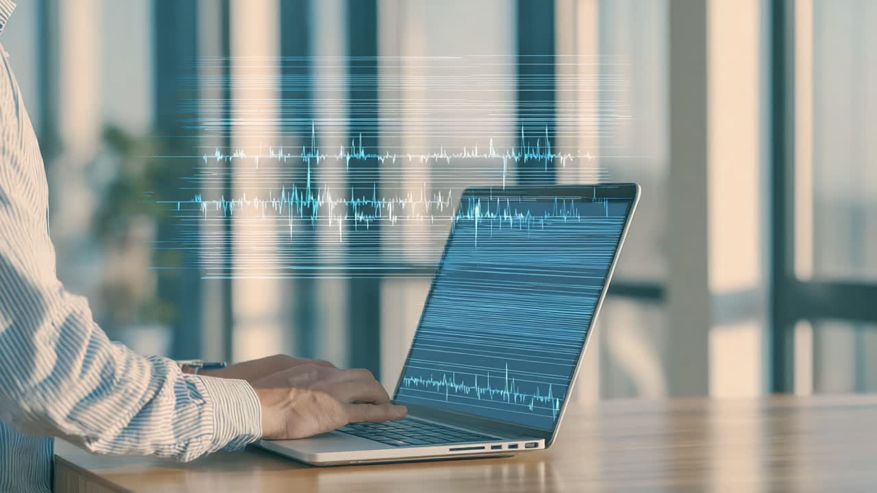 Analyserende datatrender: Et nærbilde av en profesjonell som jobber på en bærbar PC med visuelle grafer og bølgeformer som stråler ut fra skjermen i et moderne kontormiljø.