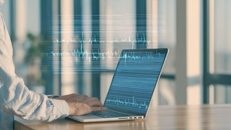Analyzing Data Trends: A Close-Up on a Professional Working on a Laptop with Visual Graphs and Waveforms Displayed Emanating from the Screen in a Modern Office Environment
