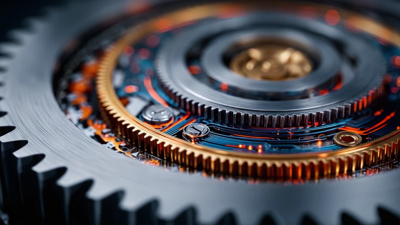 Intricate Mechanics: A Close-up View of Rotating Gears and Circuitry Showing the Complex Interplay of Technology and Design in a Modern Device