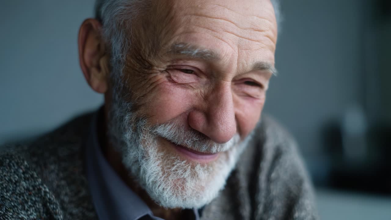 Un uomo anziano gioioso con un sorriso caloroso, immortalato in due momenti di felicità e connessione, che mostra la sua espressione e contentezza in un ambiente sereno.