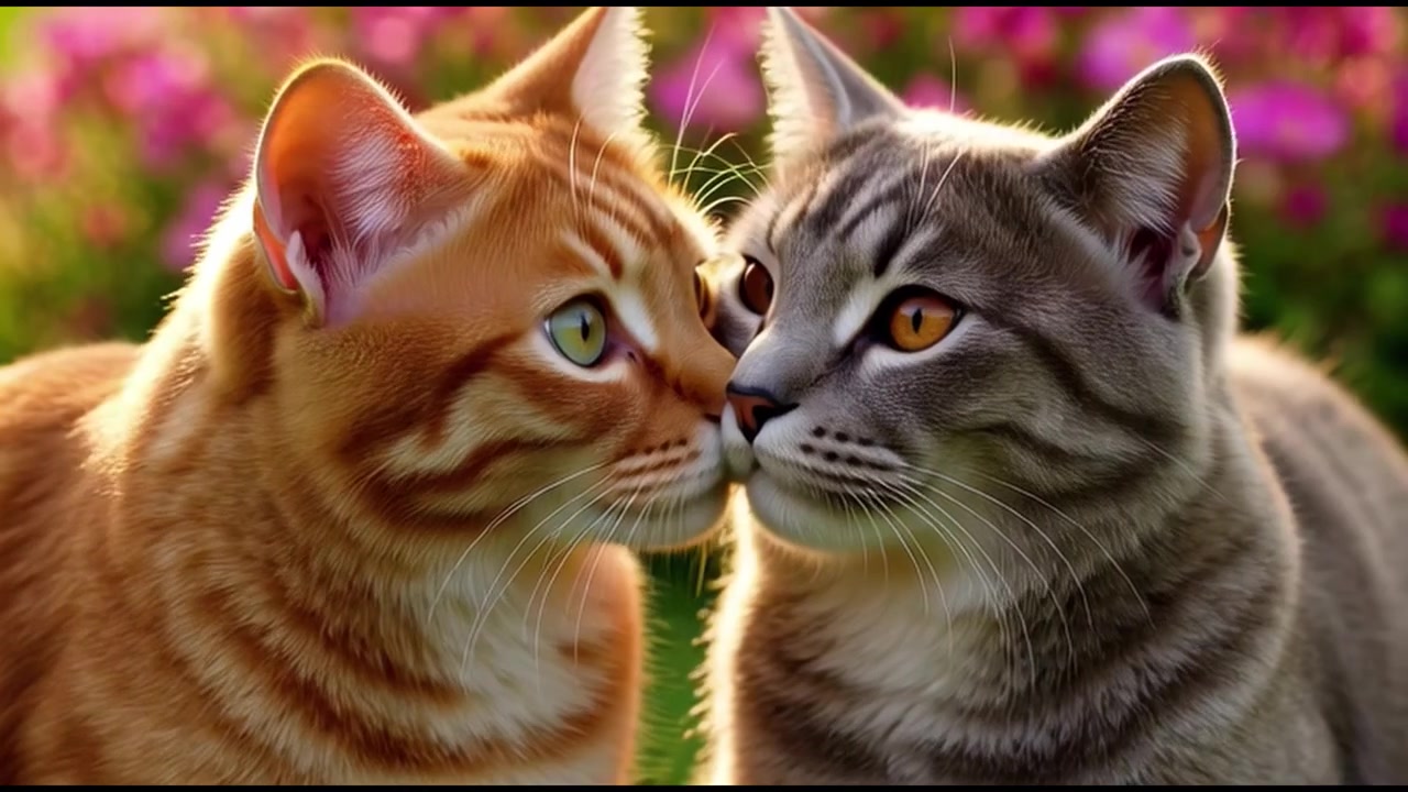 Due gatti che si coccolano in un giardino soleggiato.