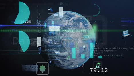 Animación-Del-Procesamiento-De-Datos-Financieros-Con-íconos-Sobre-El-Globo-Terráqueo-Sobre-Fondo-Negro