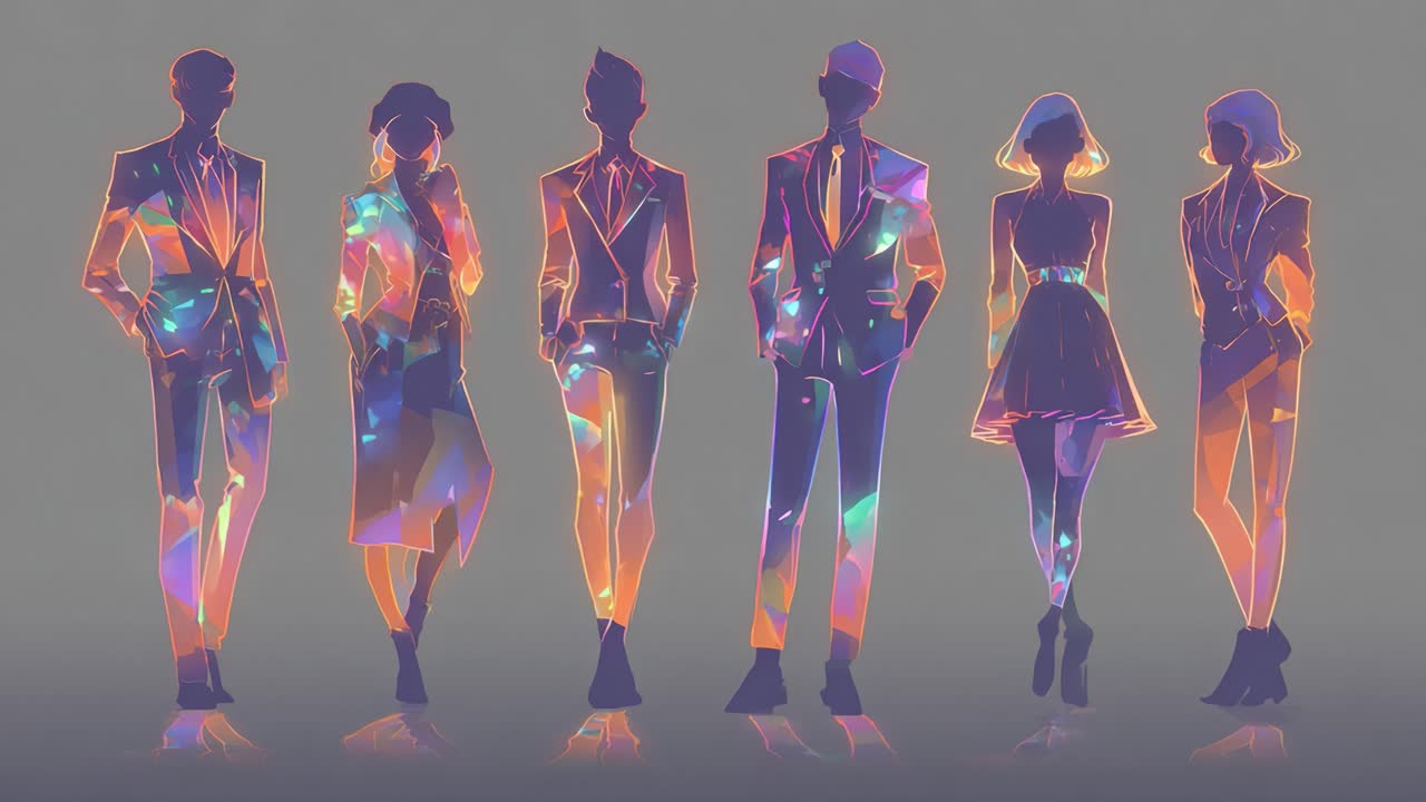 A Group of Stylized Figures Exhibiting a Diverse Range of Fashion and Postures, Bathed in Vibrant Colors and Geometric Shapes, Capturing the Essence of Modern Aesthetic in Abstract Art