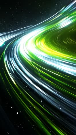 a green and blue swirl of light with a black background. the light is moving and he is coming from a spaceship