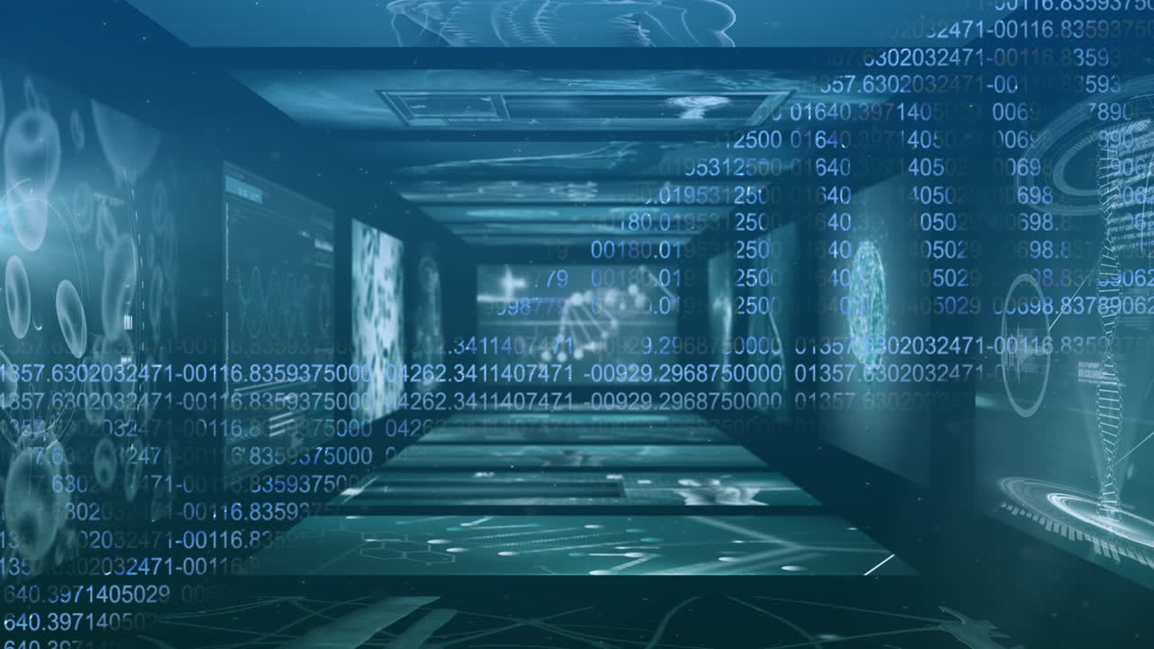 Animation of dna strand over data processing on black background