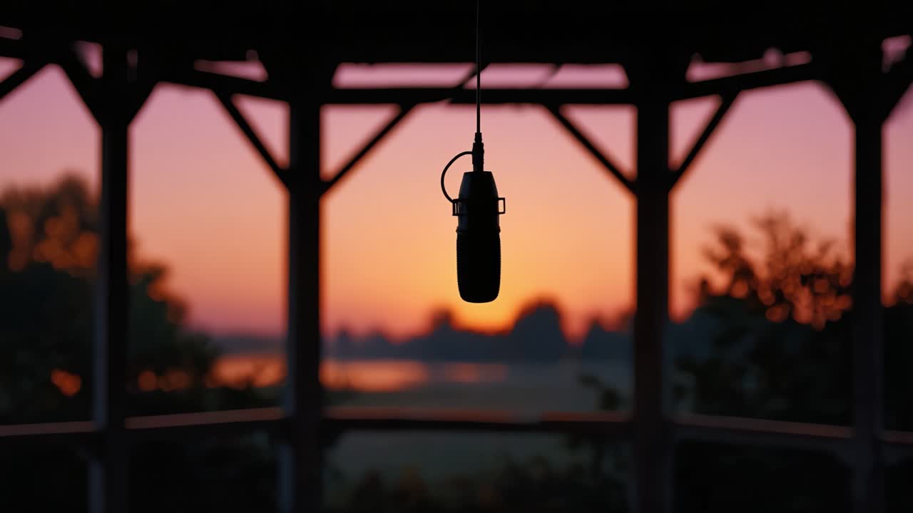 Una silhouette serena di un microfono appeso in un gazebo con vista su un tramonto tranquillo, che evoca creatività e ispirazione in un ambiente pacifico