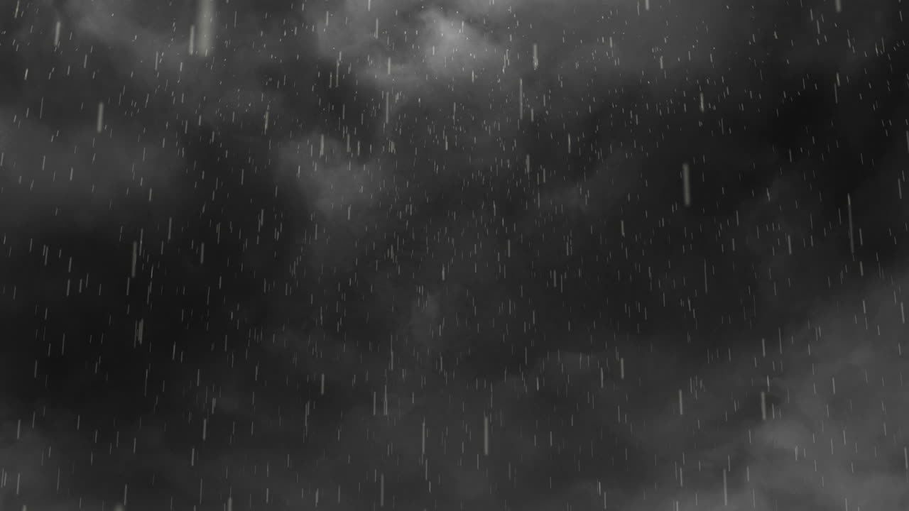 Animation of heavy rain falling over lightning and stormy grey clouds background