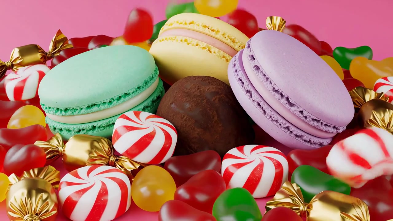 Pastel green, yellow, and lavender macarons frame a central chocolate sweet while red, green, yellow, gold, and striped candies drop and accumulate across a vivid pink surface.