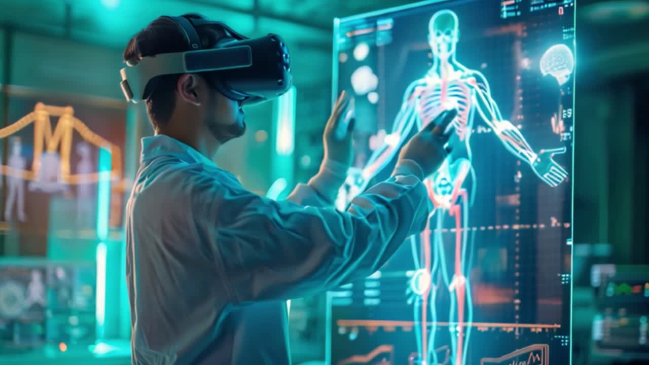 Man Using VR Headset to Interact with Holographic Human Anatomy Display