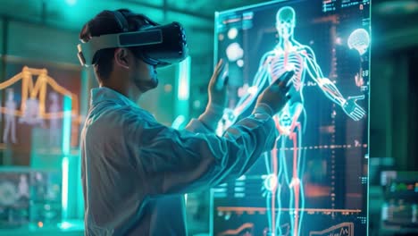 man using vr headset to interact with holographic human anatomy display