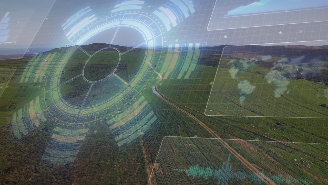 animación de visualización de datos futurista sobre una vista aérea de un paisaje verde
