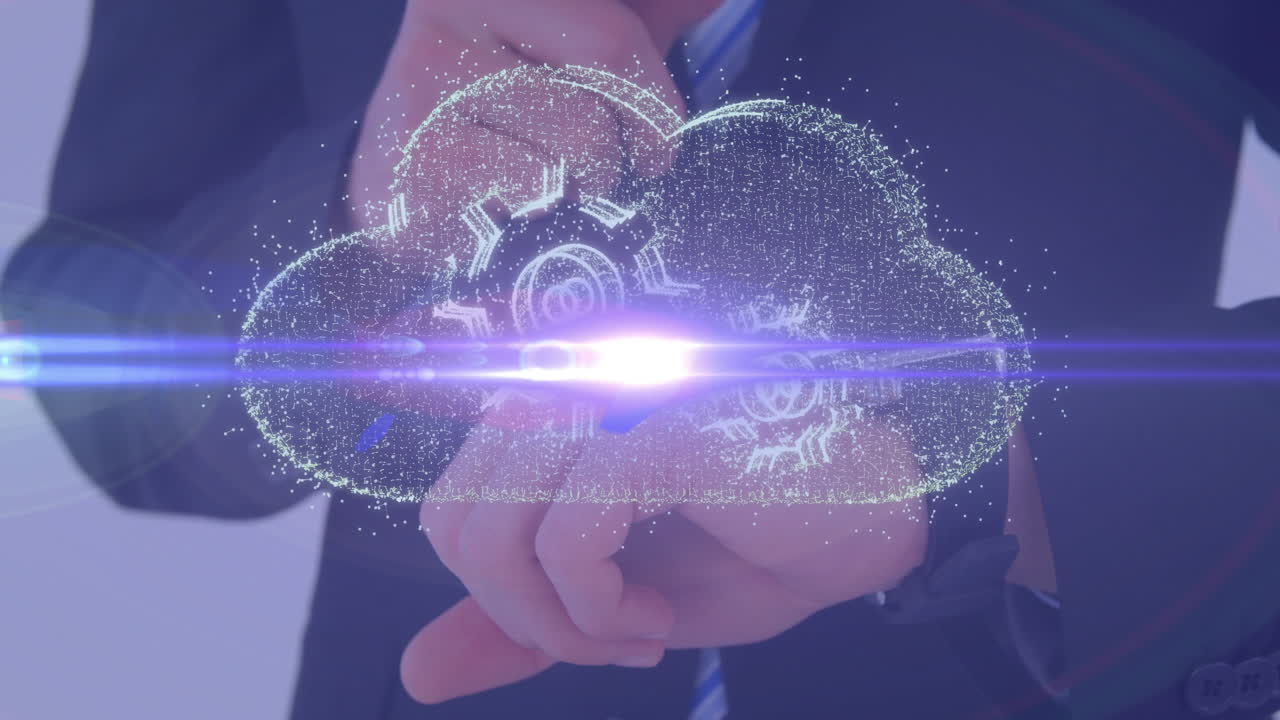 Interacting with digital cloud and gears animation, businessperson in office setting