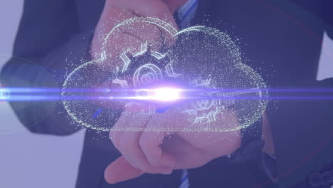 interacting with digital cloud and gears animation, businessperson in office setting