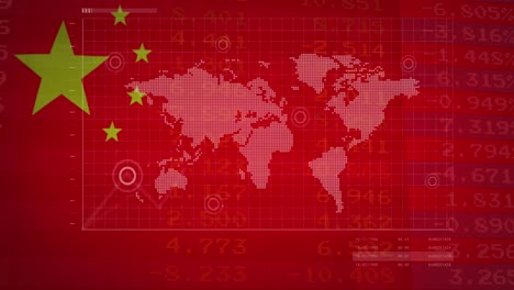 animation of financial data and graphs over world map and flag of china