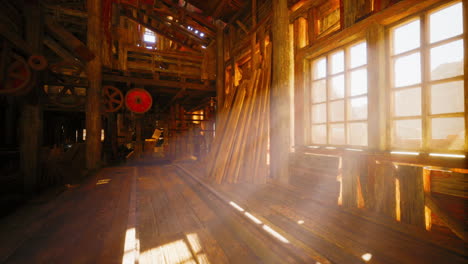 old, abandoned wooden building with timber and gears