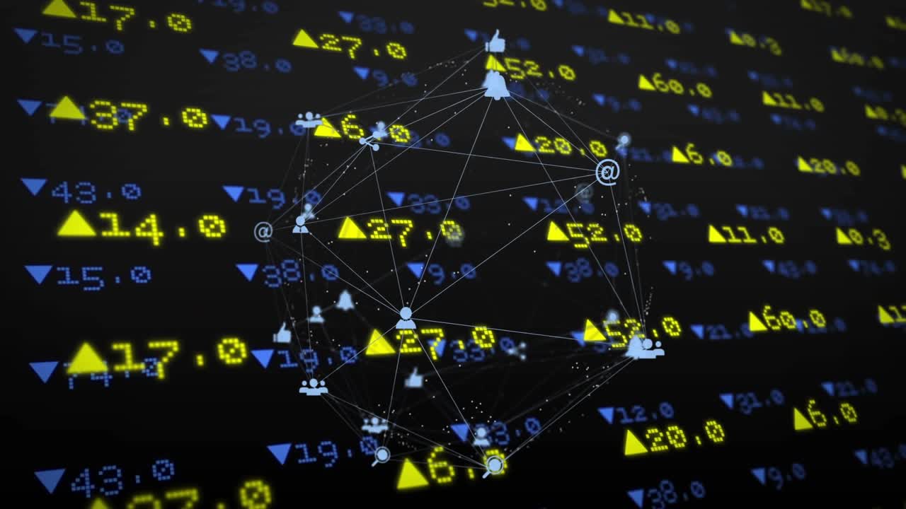 Reprodução iniciando, rede 3D girando, revelando ícones de nós e cotações, mostrando análises financeiras