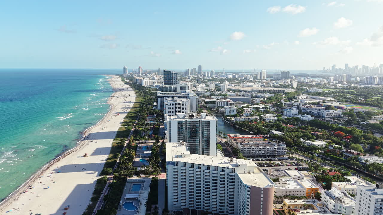 Drone Shot of Miami Beach, Florida USA, Waterfront Hotels and Condominiums, Turquoise Ocean Water